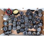 A Tray of Prime Lenses, various mounts, focal lengths, including a Nikkor N Auto 24mm f/2.8 non AI