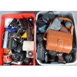 Two Boxes of Camera Related Items, including motor winders, pistol grips, cables, cases, bags and