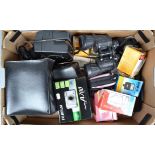 A Tray of Camera Related Items, including a Polaroid 640, Halina Discovery 10 x 50 binoculars,