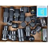 A Tray of Prime Lenses, various focal lengths, various mounts, manufacturers include Praktica,