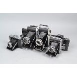 A Tray of Folding Cameras, including Ensign Selfix 820, with Ross Xpres 105mm f/3.5 lens, Selfix