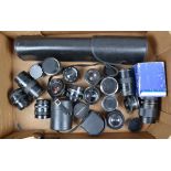 A Tray of Prime Lenses, various mounts, various focal lengths, manufacturers include Prakticar, Carl