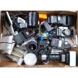 A Tray of Camera Accessories, including a Polaris flash meter, a Metz 45CL-4 flash unit, a Konica