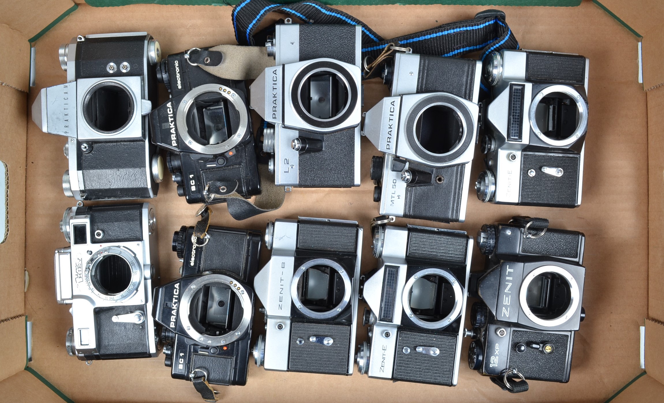 A Tray of Eastern Bloc SLR Camera Bodies, including a Kiev 4, Praktica BC-1 (2), IV, L2, MTL 50,