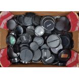 A Tray of Lens & Body Caps, manufacturers include Hasselblad, Nikon, Vivitar, Sigma and others