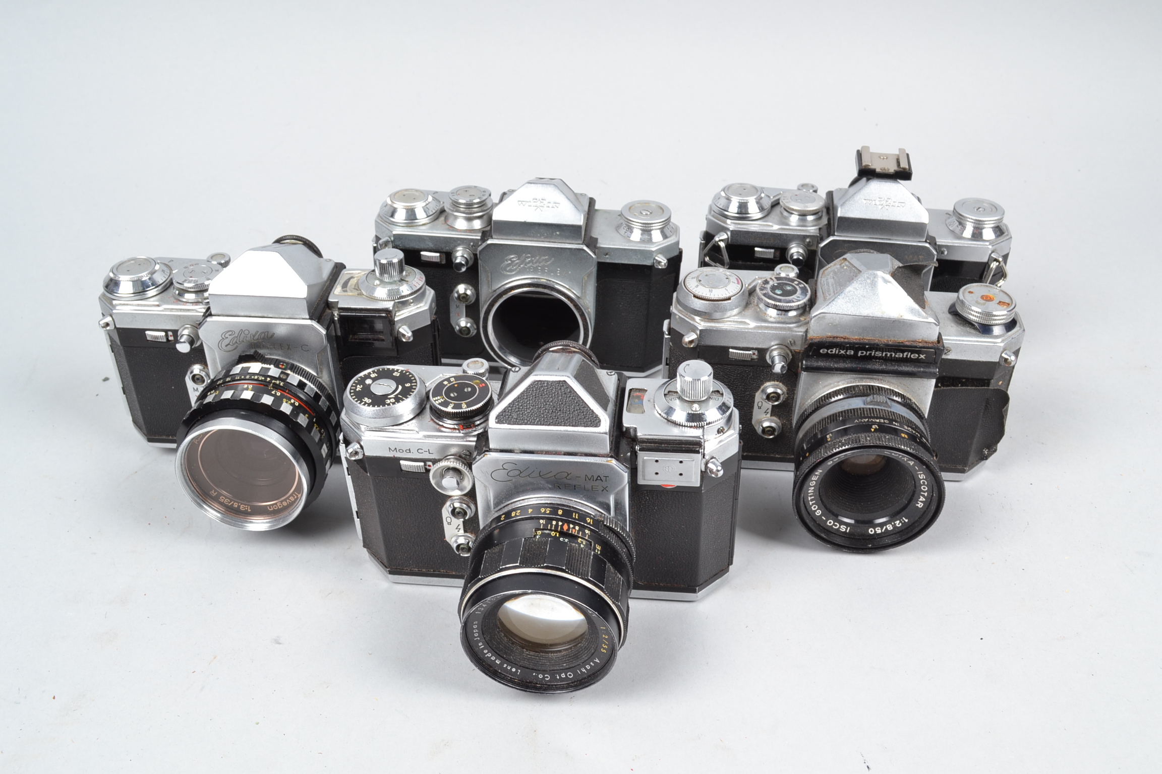 Five Wirgin Edixa Cameras, an Edixa Mat Reflex CL, with 55mm f/2 Asahi lens, Reflex C, with 35mm f/