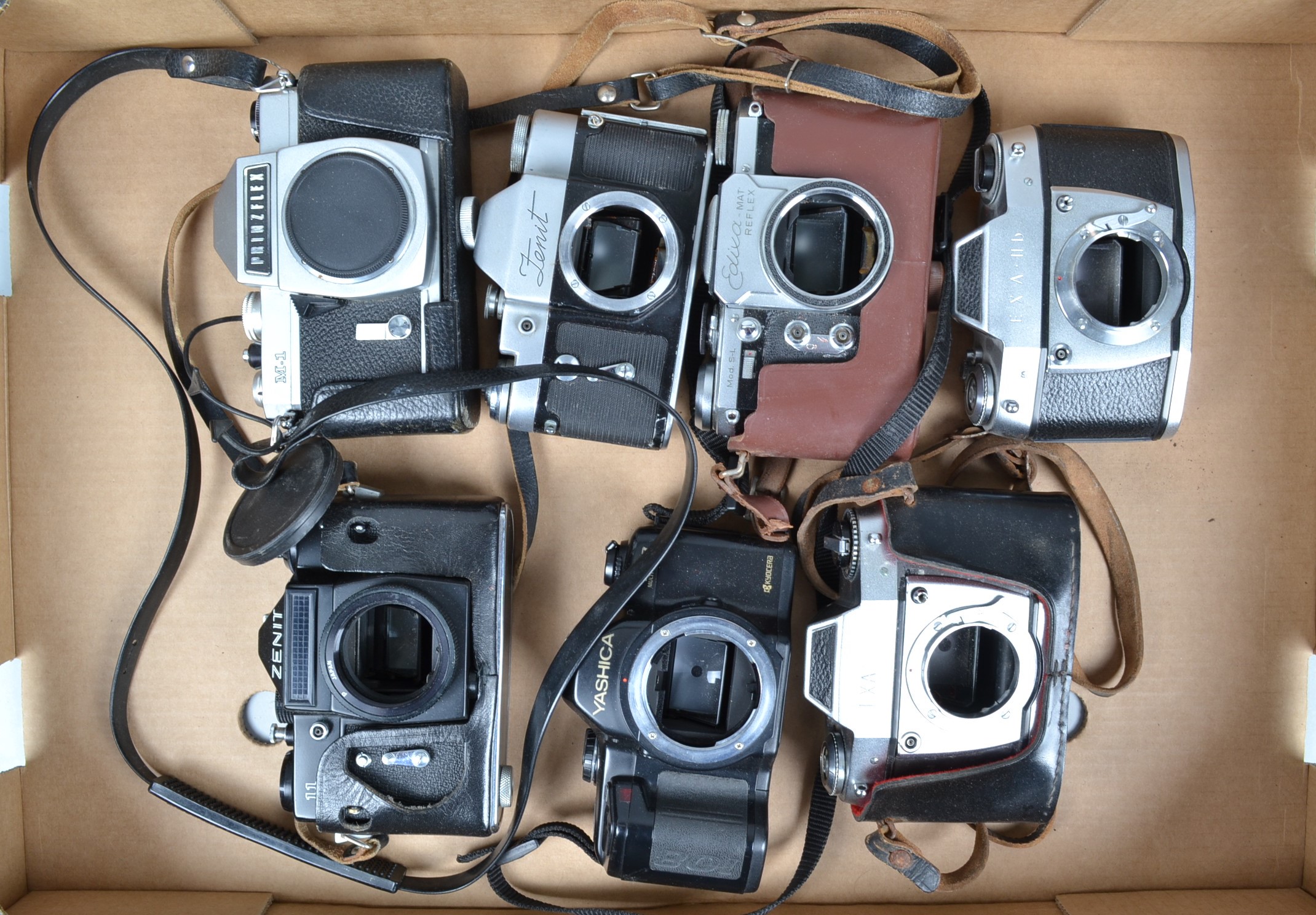 A Tray of SLR Bodies, a Yashica 108, Zenit 3, Zenit 11, Prinzflex M-1, Ihagee Exa II b and 500