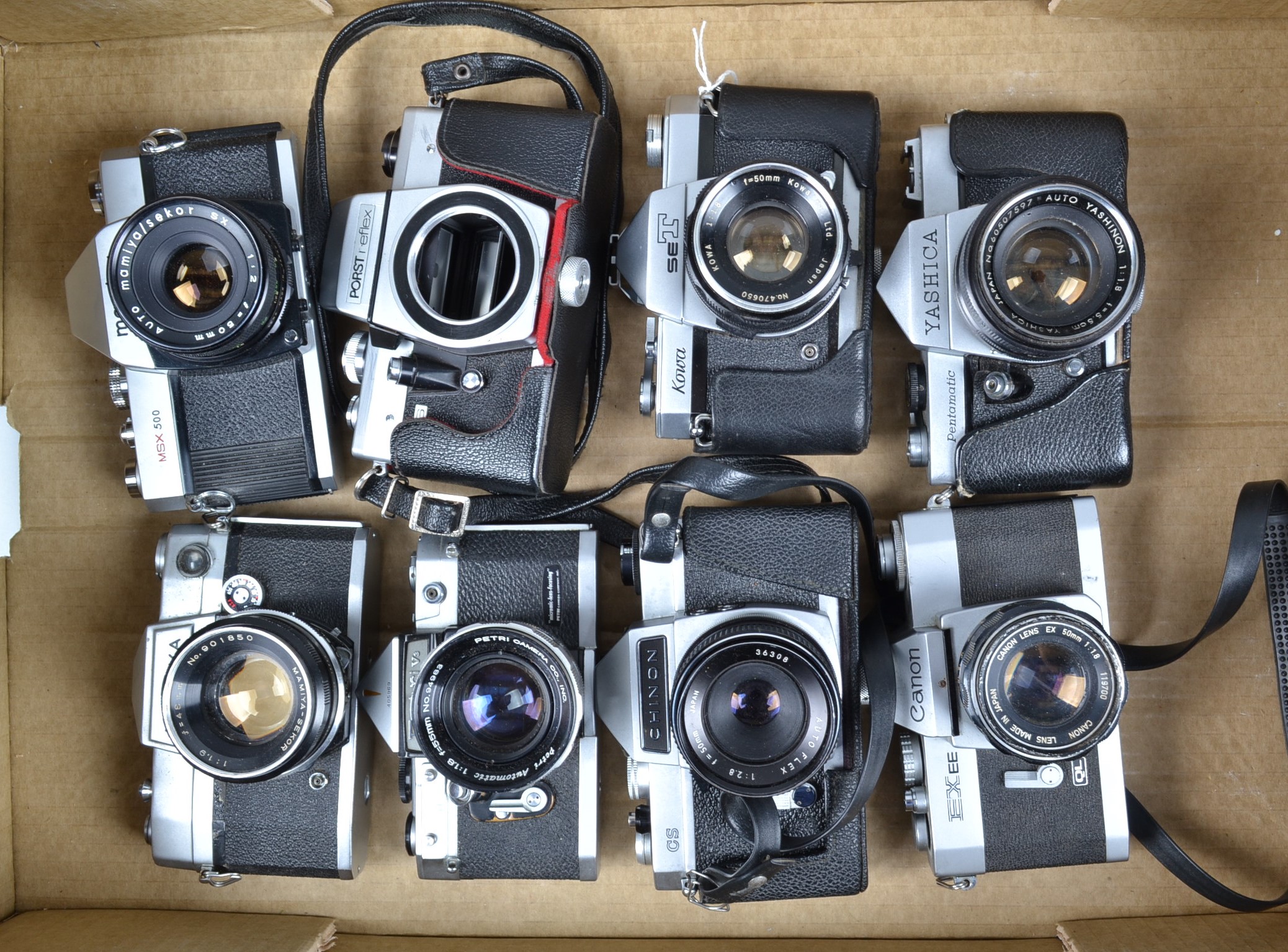 A Tray of SLR Cameras, including a Canon EX EE, with 50mm f/1.8 EX lens, Mamiya MSX 500, with 50mm