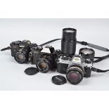 Three SLR Cameras a Nikon FG-20, with Series E 50mm f/1.8 lens, two Nikon AI mount Tamron lenses,