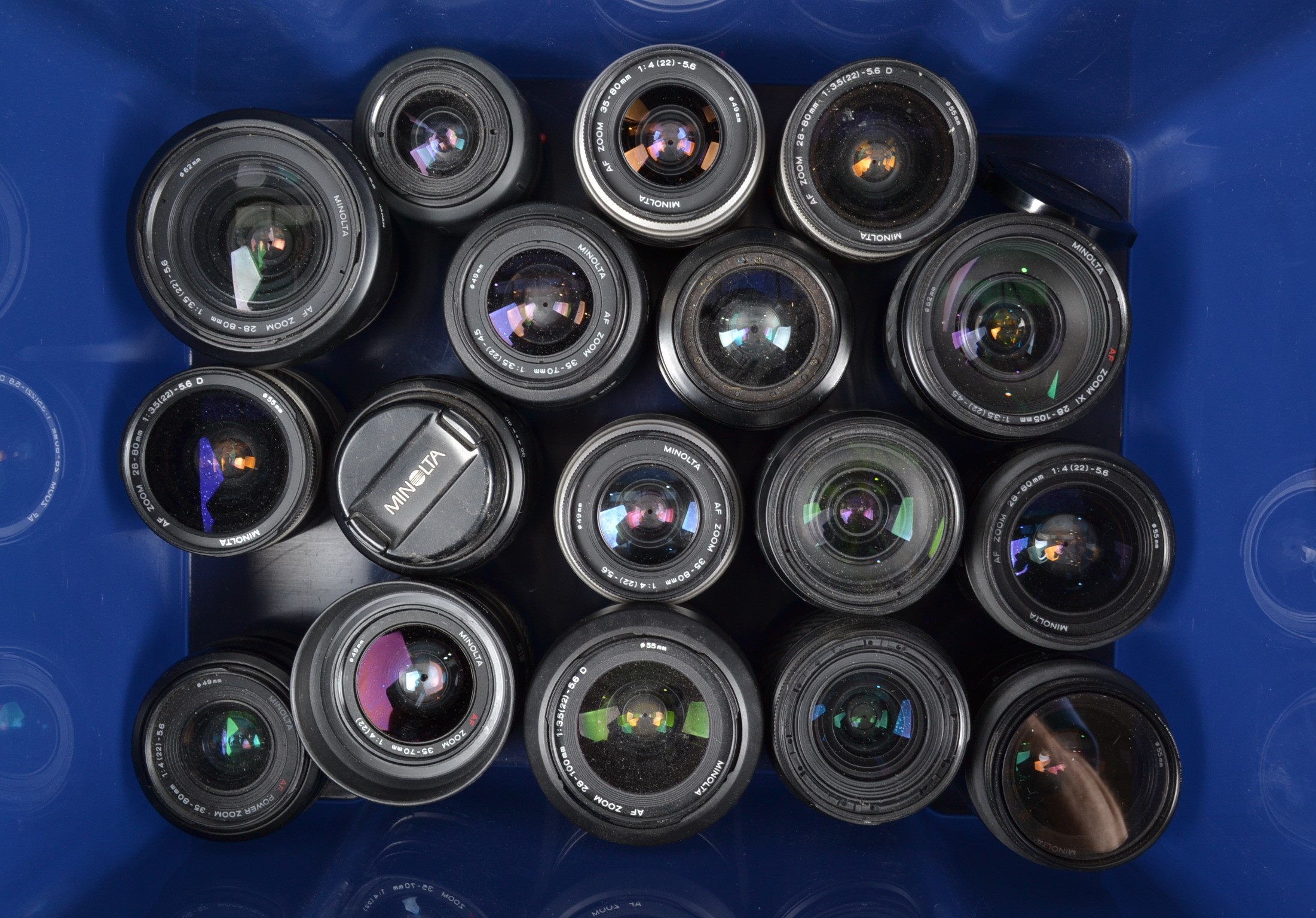 A Tray of Minolta AF Zoom Lenses, various focal lengths, 28-80mm, 35-70mm 35-80mm, 18-70mm, 17 in