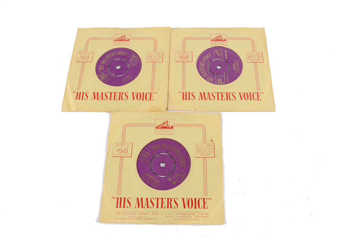 Elvis Presley 7" singles, three original UK 7" singles on HMV - all with Gold / Purple labels and