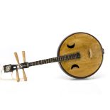 Japanese 'Ruan', a wooden round bodied four string instrument with crescent shaped cut outs, some