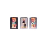 A Camel Pin-Up Girl Prototype Zippo Lighter, on brushed chrome, with a matt black example and a