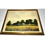 An oil on board landscape of a country cottage surrounded by fields, signed M. Jefferies, framed
