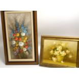 A Continental decorative still life of a formal flower arrangement, framed, signed E J…., internal