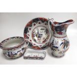 A 19th Century Imari pattern ironstone toilet set, consisting of a jug, height 33cm, large washbowl,