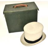 A vintage Woodrow & Sons top hat in case, in grey, the interior marked 'Woodrow Piccadilly