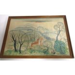 An early 20th Century watercolour illustration on fabric of deer in a forest glen, framed and