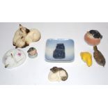 A small collection of china cats and birds, to include a pair of Royal Doulton Siamese cats,