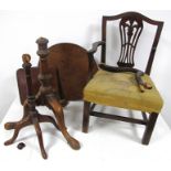 Three pieces of antique furniture for restoration, mahogany child's chair and two tripod tables