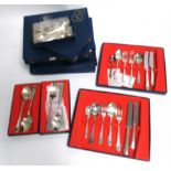 Seven piece bead pattern cutlery sets, with graduated knives, forks and spoons, across seven