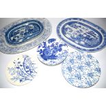 A 19th Century Wedgwood meat plate in the willow pattern, 48cm x 39cm, together with a quantity of
