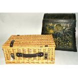 A modern casket and basket, the domed casket with panels of elephants, 42cm x 37cm, the wicker