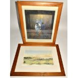 An equestrian print, framed and glazed, 39cm x 33.5cm, together with a print of a watercolour by HRH