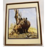 Two David Shepherd prints of Rhinos, both framed and glazed, 30cm x 50cm, 38cm x 36cm internal