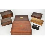 A collection of various wooden boxes, some 19th Century, including rosewood, mahogany, ebony, and