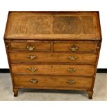 A George III mahogany bureau, 108cm wide x 110cm high, nice fitted interior, inlay to drop flap,