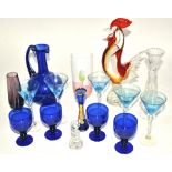 A Bristol blue decanter and glasses, height 24cm, together with an assortment of coloured glassware,