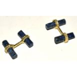 A pair of gilt 925 silver mounted cufflinks, with a rope twist design, holding lapis lazuli
