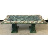 A c1980s marble style stone coffee table, rectangular panel top having inlaid floral scroll