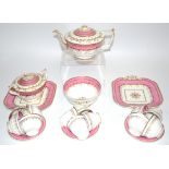 A Staffordshire tea service c1860, with pink borders, gilt floral decoration and finial, to