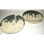 A pair of late 19th or early 20th Century Mettlach pâté-sur-pâté stoneware chargers, one depicting