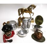 A brass horse door stop c1840, height 29cm, together with a cast metal black history money box,