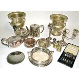 A quantity of silver plated wares, to include a candelabra, height 24cm, two wine bottle coasters,