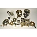 A quantity of silver plate across four boxes to include a Mappin & Webb porringer, length 17cm,