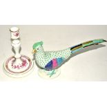 A Herend Hungarian porcelain pheasant, in the green colourway, with plume of gold, blue and black,