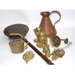 A quantity of metal ware, to include a Copper jug, brass door fixtures for example a Regency style