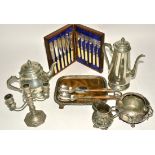 A quantity of pewter and silver plated wares, to include a candelabra on an octagonal base, height