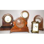 Four Edwardian mahogany mantel clocks, for restoration, together with a 19th Century brass