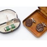 A pair of silver contemporary cufflinks, a pair of leather and chromed stainless steel cufflinks and
