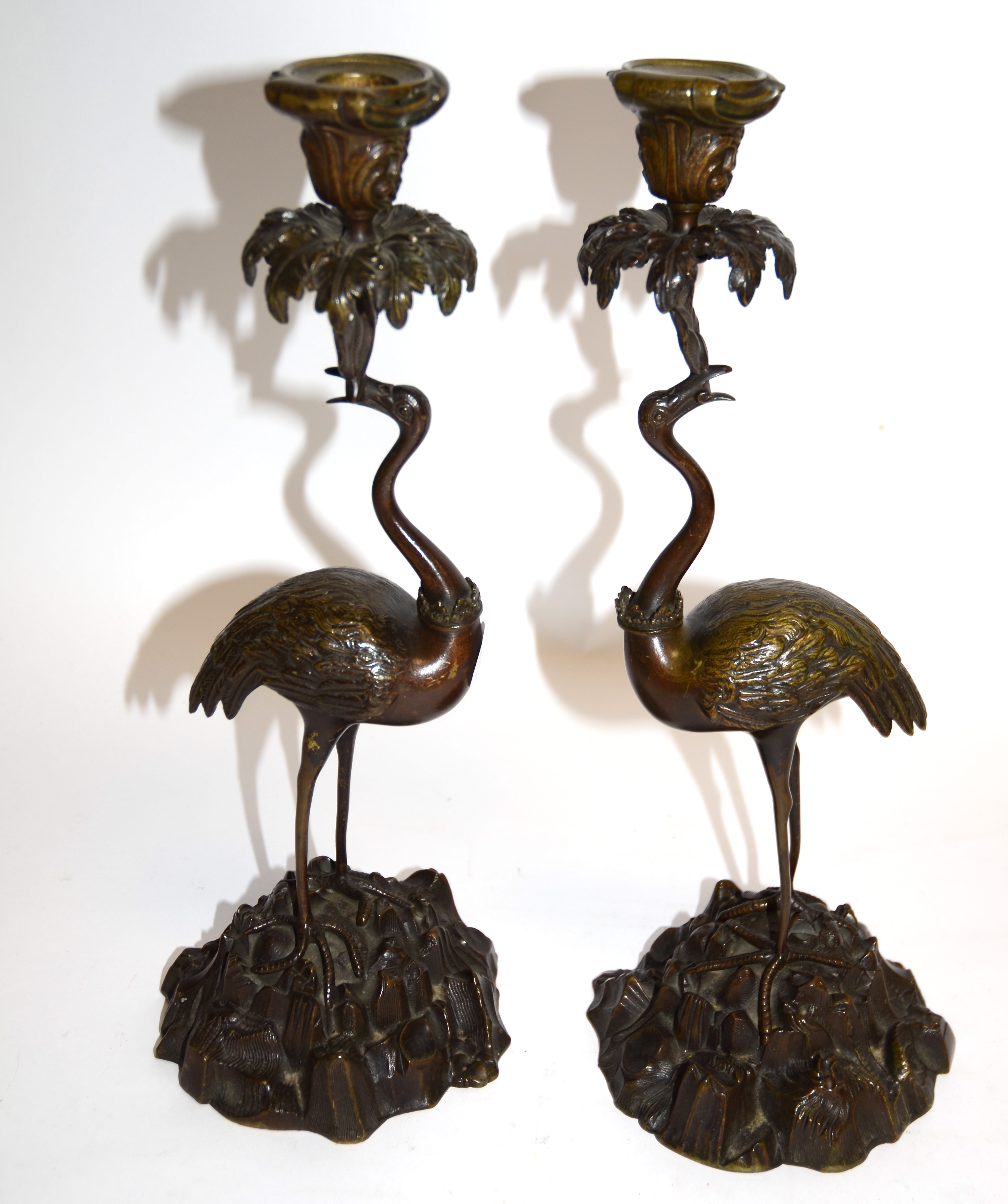 After Thomas Abbott, a pair of bronze figural candlestick holders, taking the form of cranes - Image 2 of 10