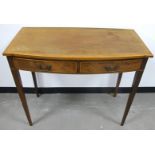 An Edwardian inlaid mahogany break front side table, two frieze drawers, boxwood stringing, raised