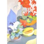Lucienne Hill (Contemporary) still life study of cantaloupe melon and flowering plants, framed and