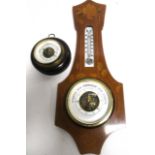 An Art Nouveau satinwood banjo shaped barometer, with inlaid decoration of roses, length 53cm,