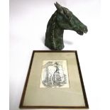 A patinated horse head statue, height 27cm, together with an ink equestrian study, framed and