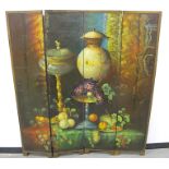 A 20th Century four fold screen, hand painted with a still life design, each panel 40cm x 180cm